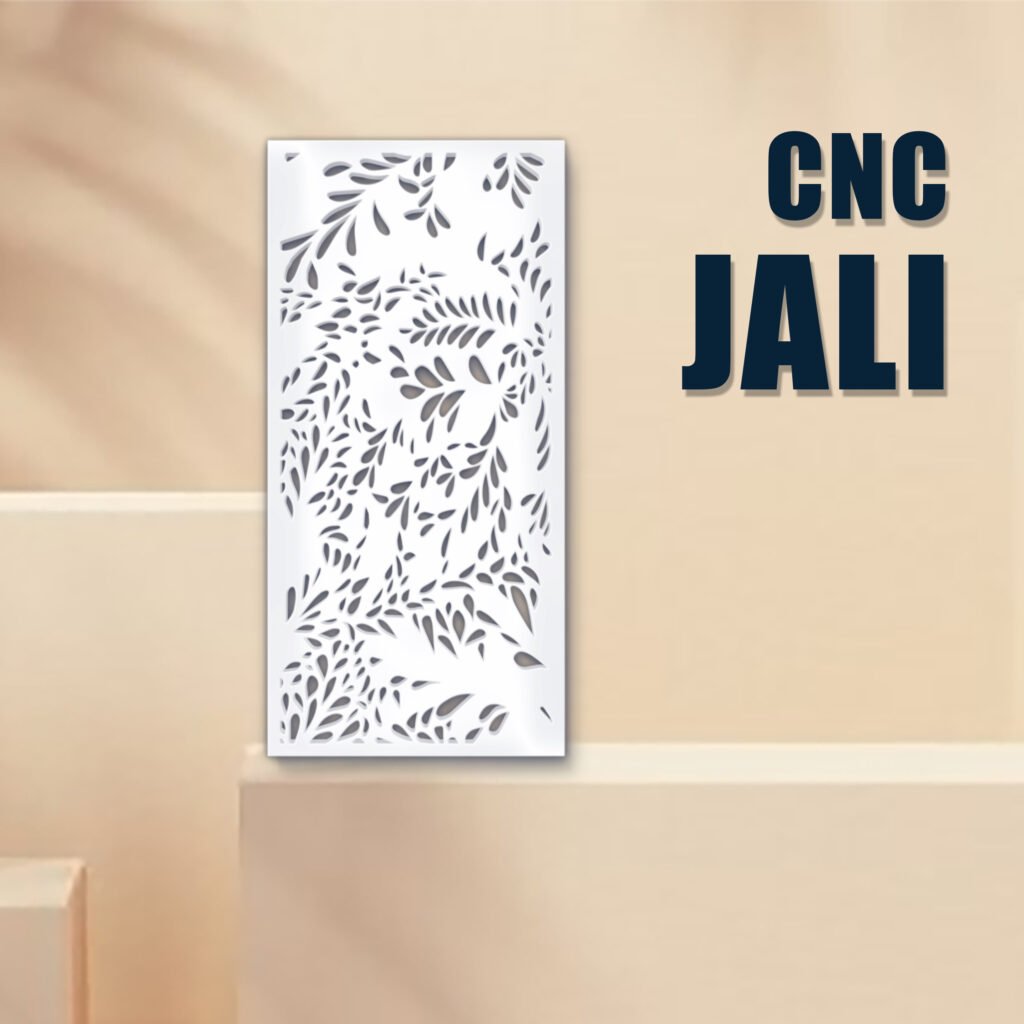 Decorative CNC Jali panel with an intricate floral cut-out design on a beige background.