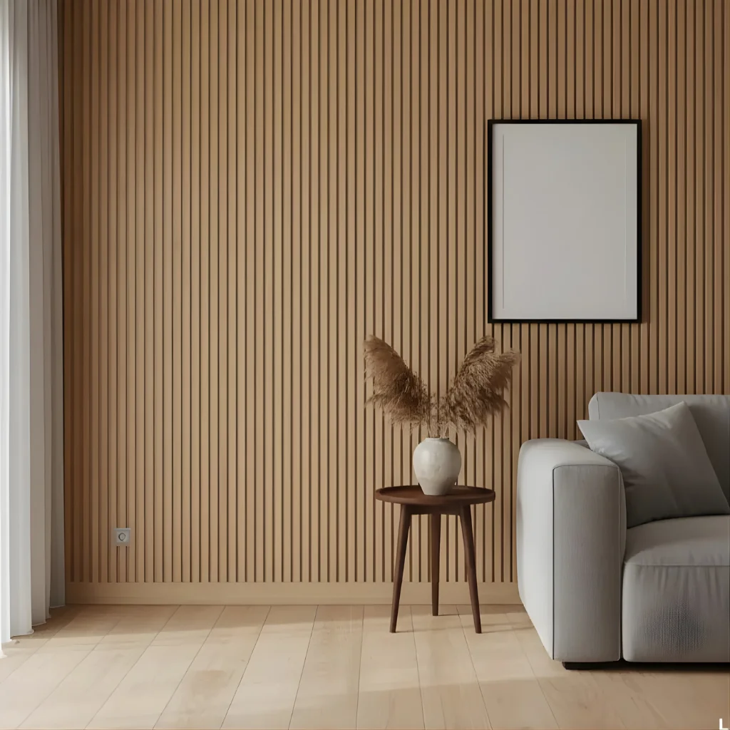 Light brown Charcoal wall louver panels mounted in a modern home.