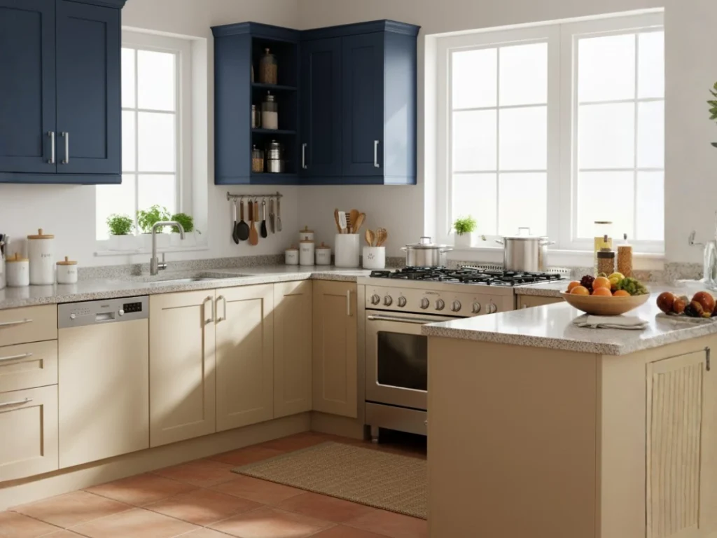 Navy and Beige colour kitchen cabinet