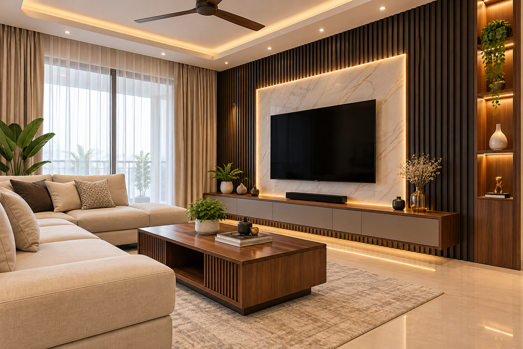 Modern living room with beige sofa, wooden coffee table and charcoal wall louvers