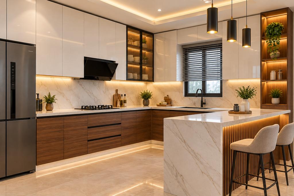 Modern kitchen with cream and walnut cabinets, marble-look surfaces and contemporary interior finishes.