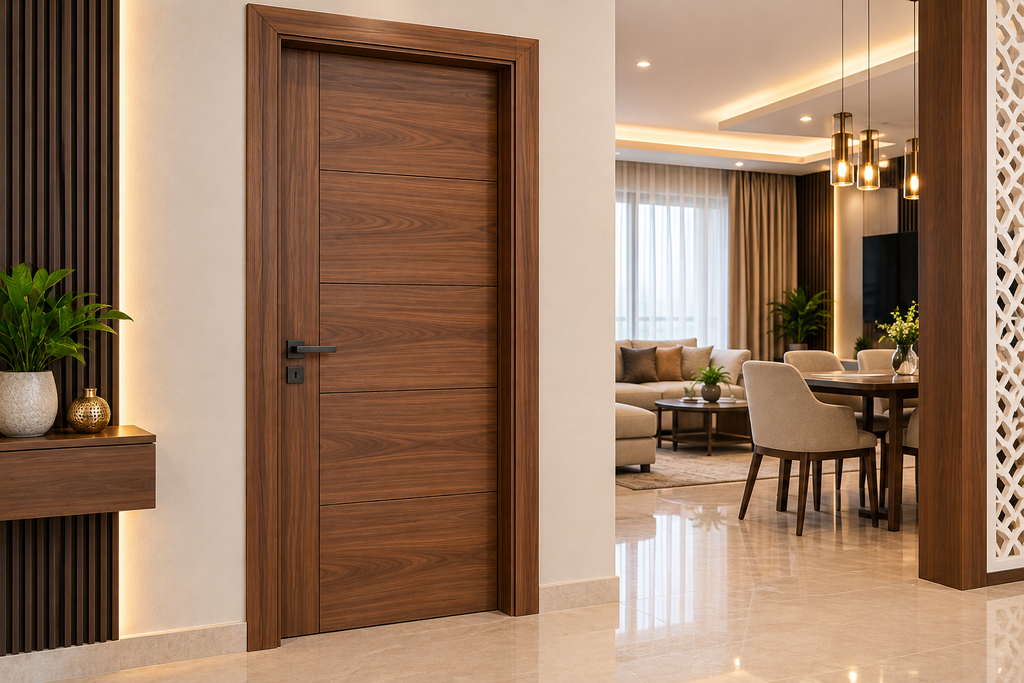 Wood-grain WPC door with matching door frame in a modern home interior.